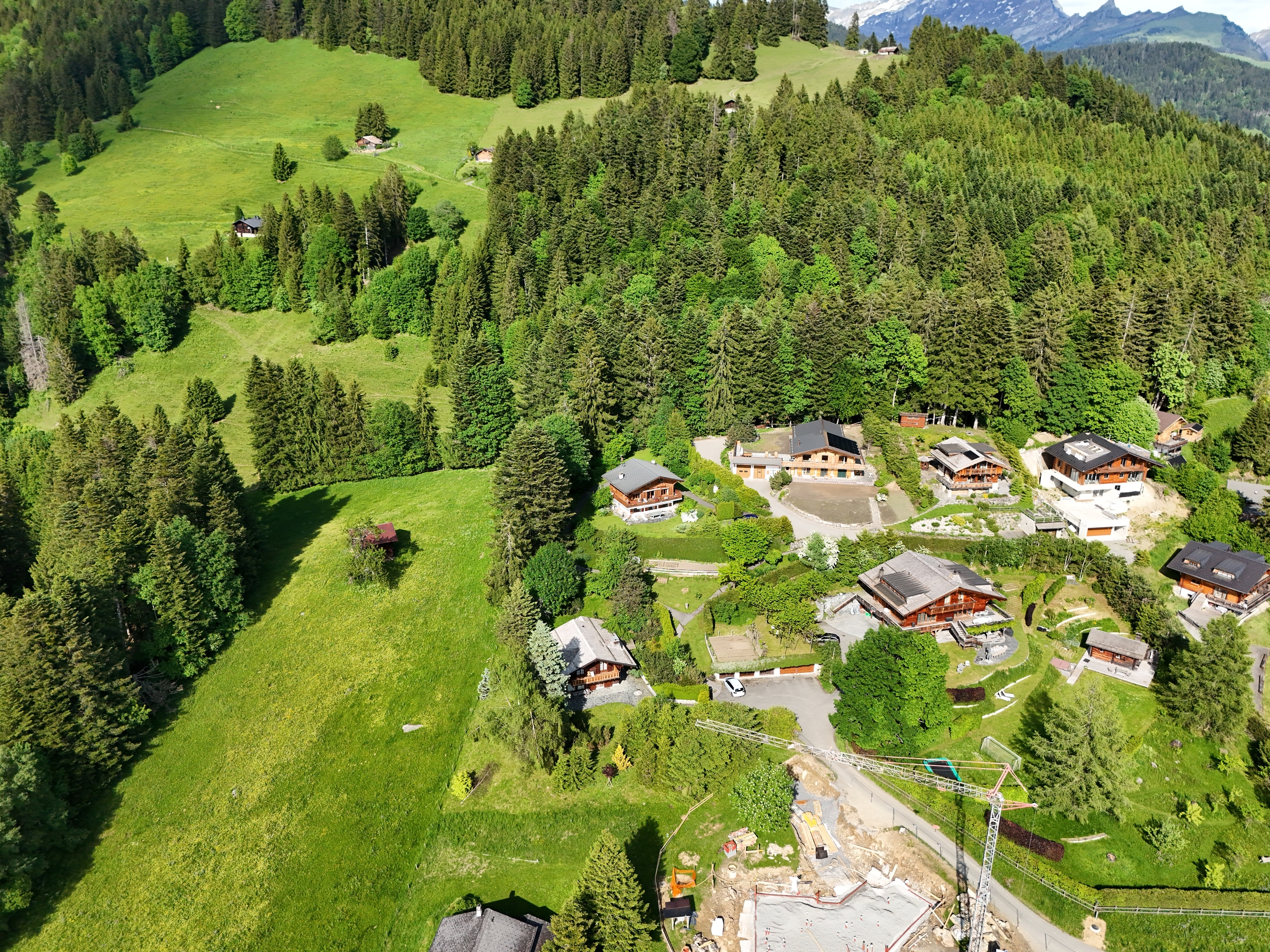 Alpine Luftaufnahme eines Chalet-Dorfs