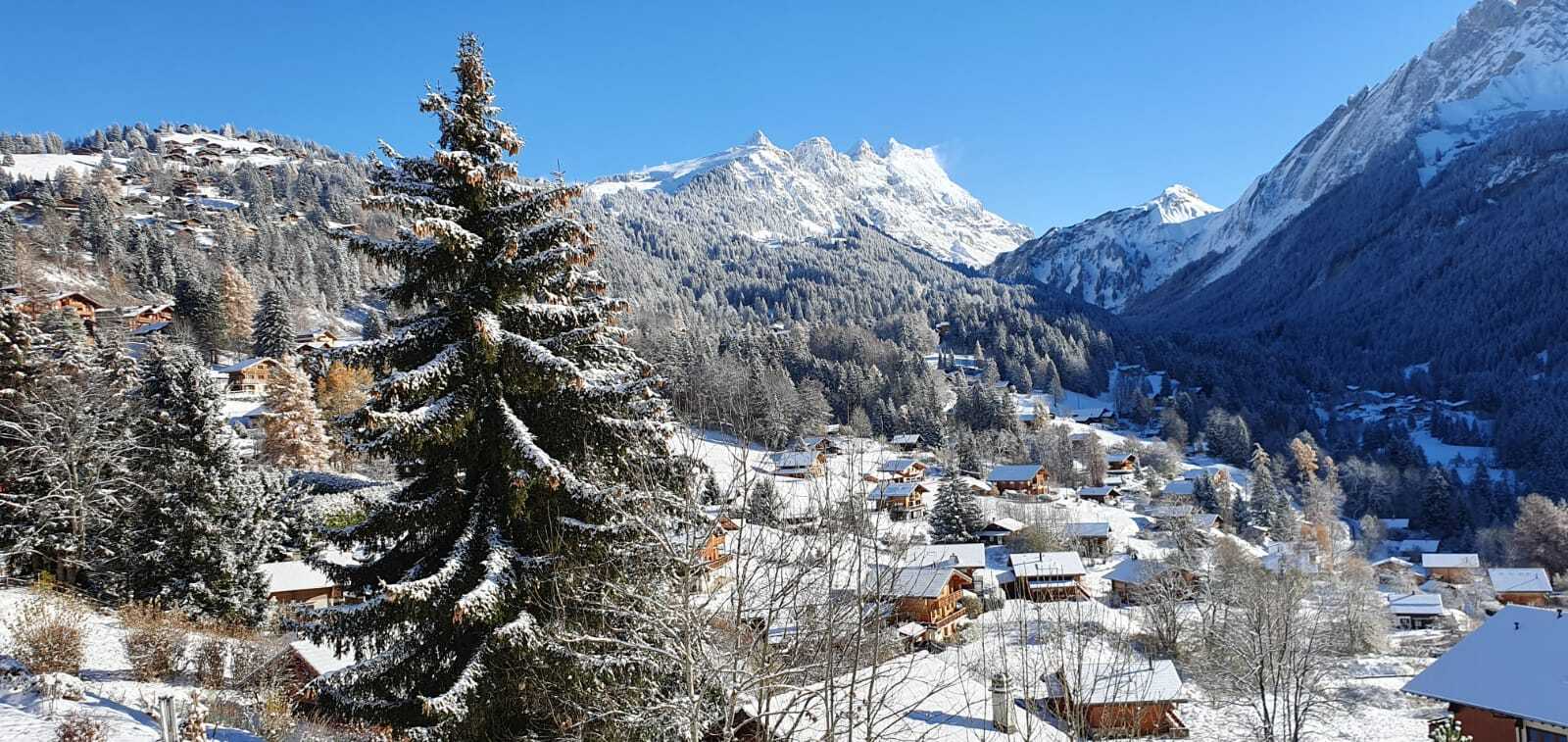 Schneebedeckte Alpenlandschaft mit Bergdorf