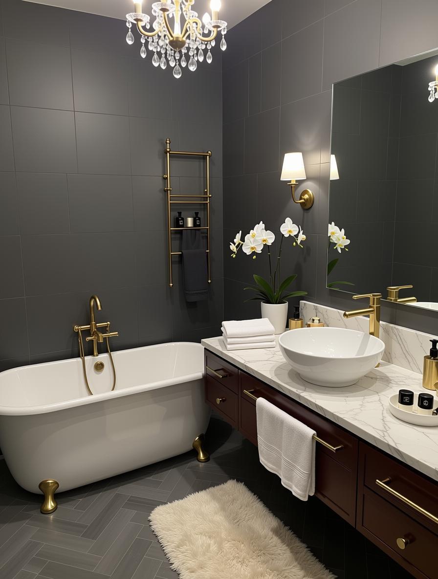 Luxuriöses Badezimmer mit freistehender Wanne und dunklen Fliesen
