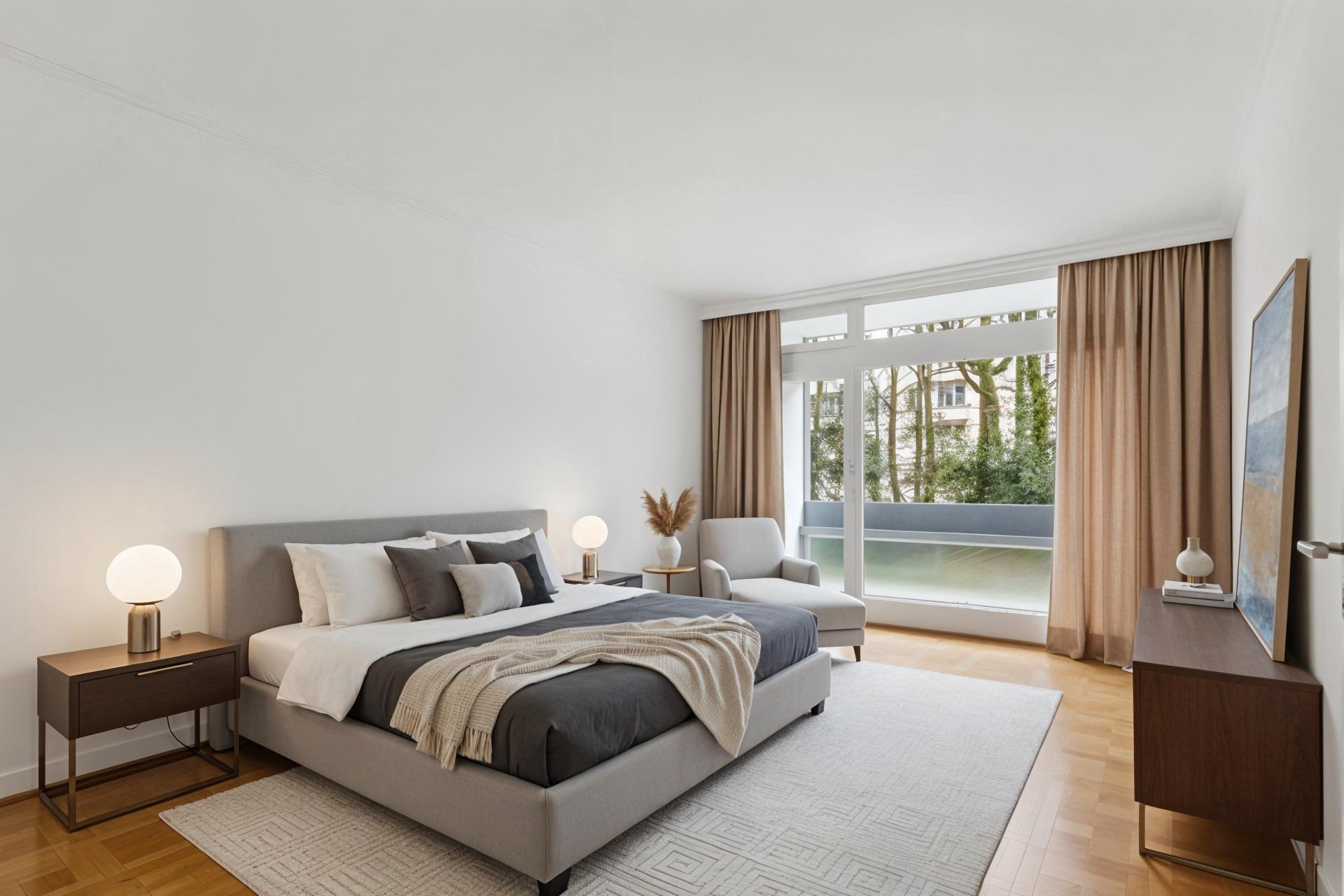 Helles, modern eingerichtetes Schlafzimmer mit Balkonblick