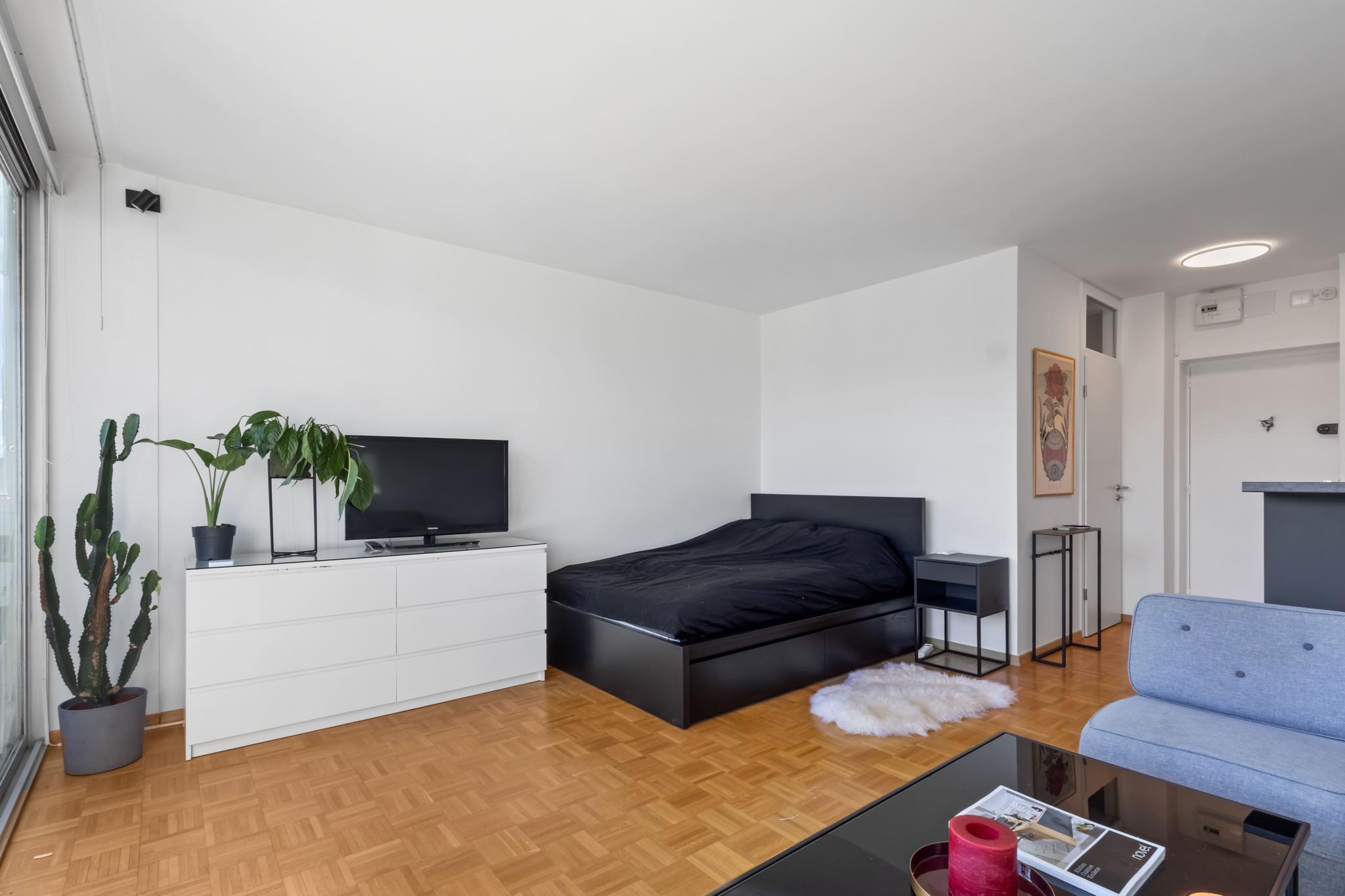 Modernes Studio mit Bett und Wohnbereich
