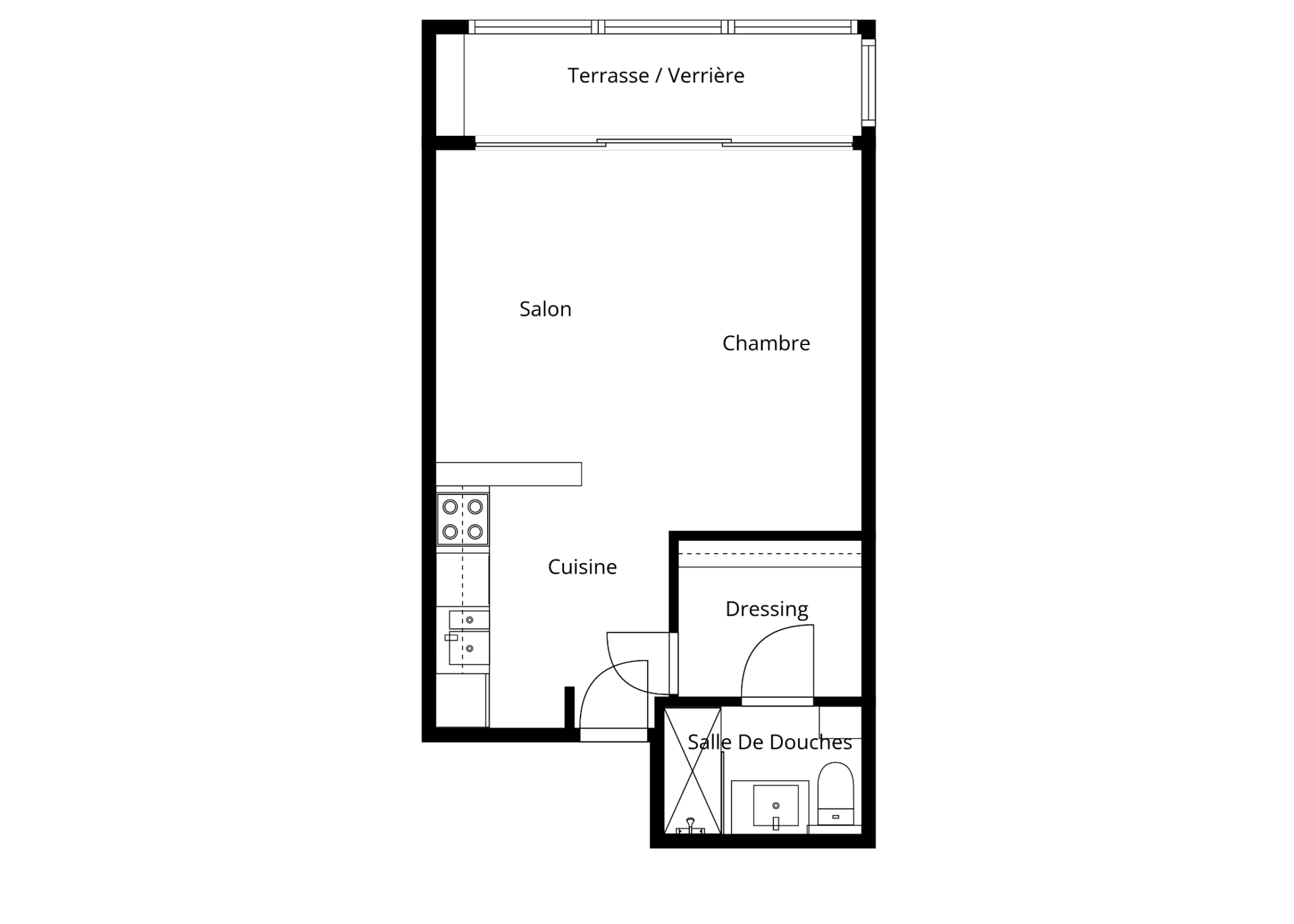 Grundriss einer Wohnung mit Terrasse/Verrière, Salon, Chambre, Cuisine, Dressing und Salle de Douches