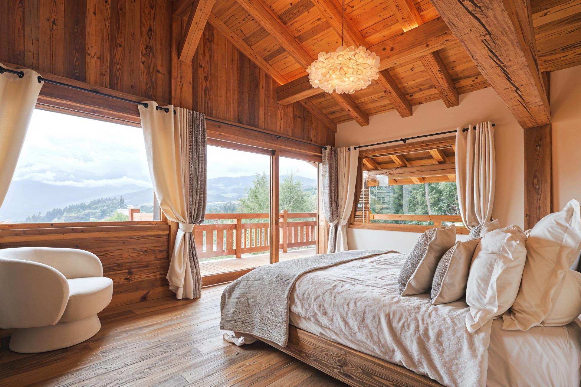 Gemütliches Holzschlafzimmer mit Bergblick