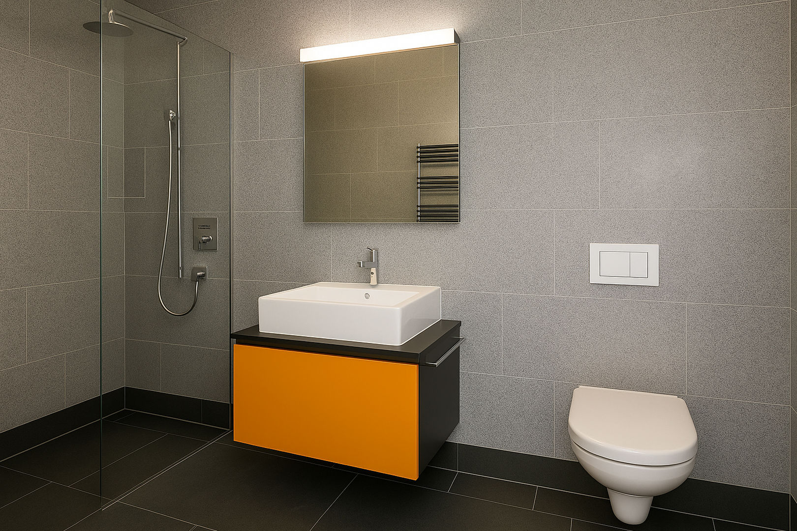 Modernes Bad mit Dusche, Waschbecken und WC