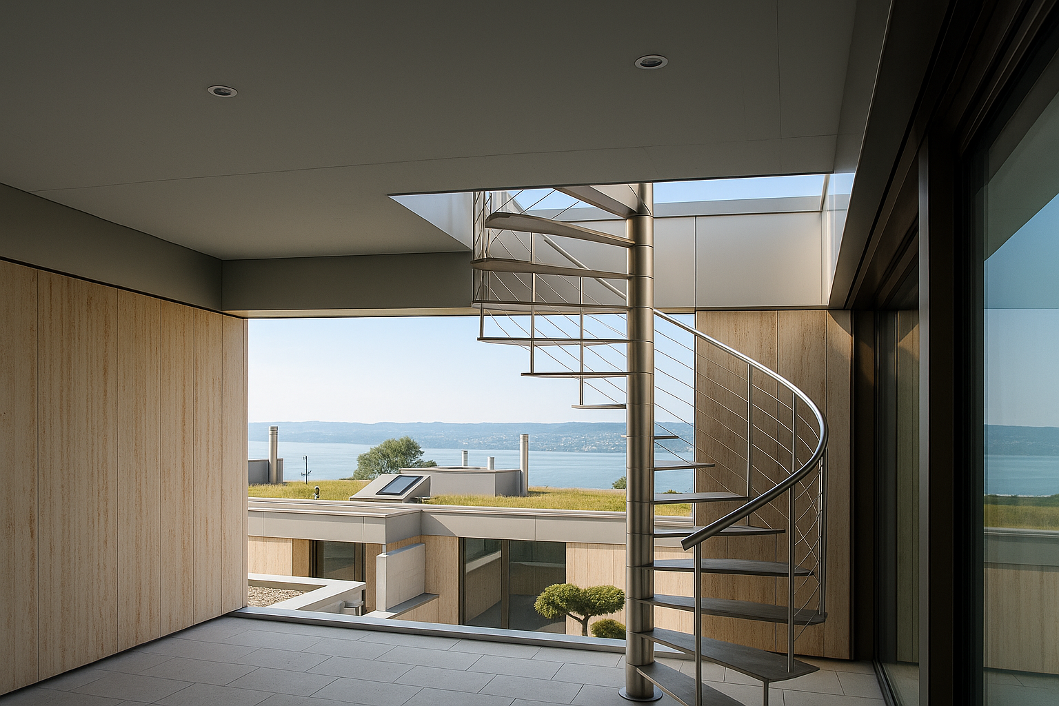 Dachterrasse mit Wendeltreppe und Seeblick
