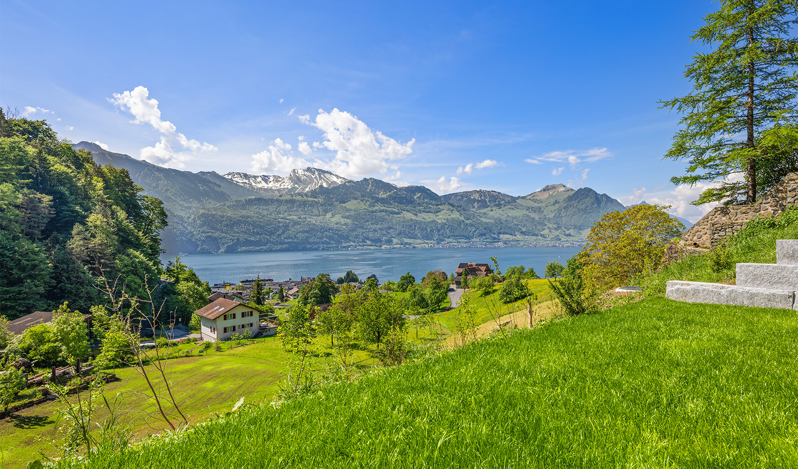 Seeblick mit Alpenpanorama und Hanglage