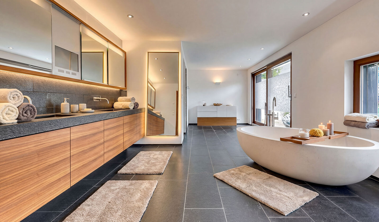 Luxuriöses Badezimmer mit freistehender Wanne