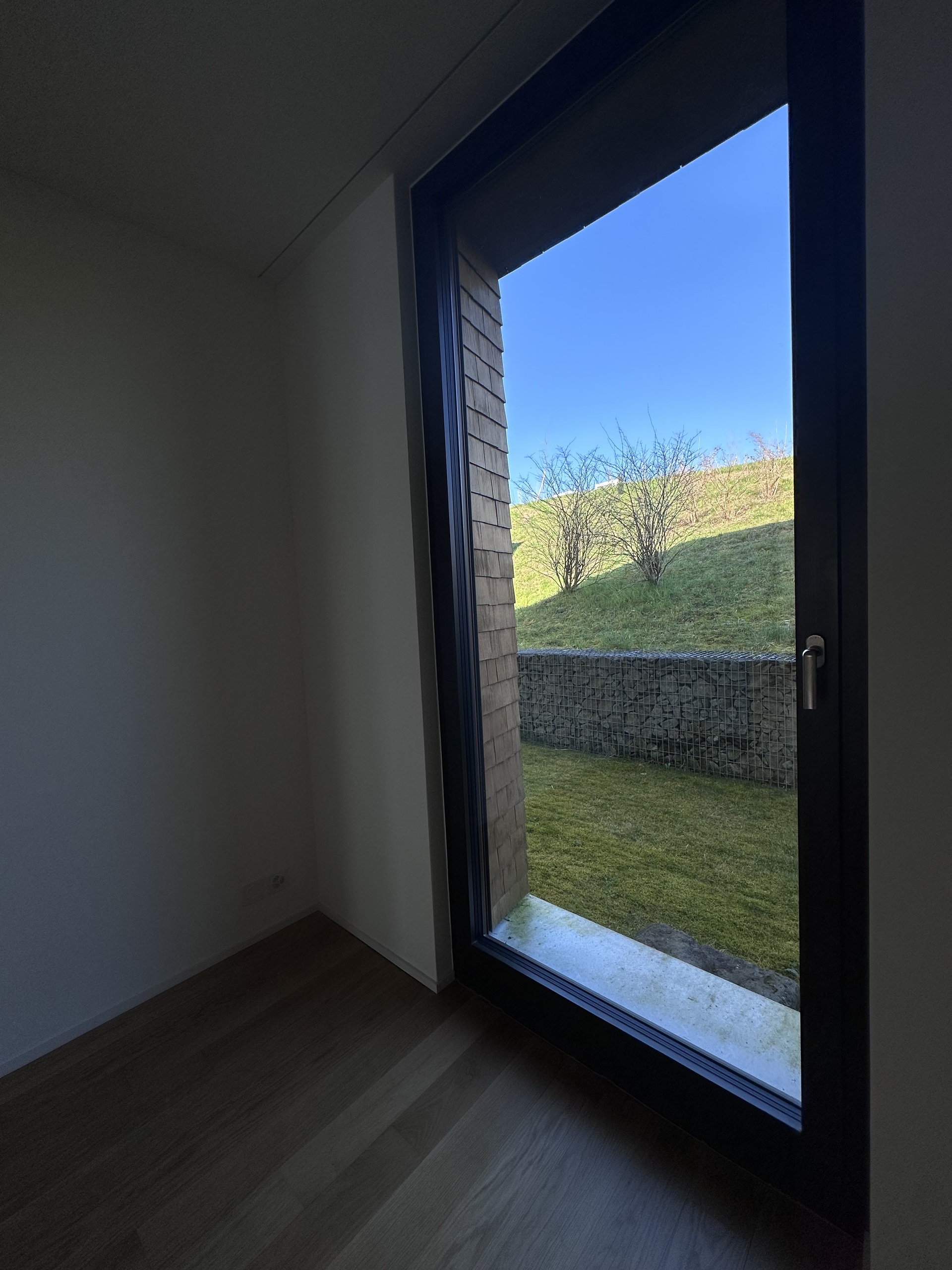 Blick durch große Terrassentür in den Garten