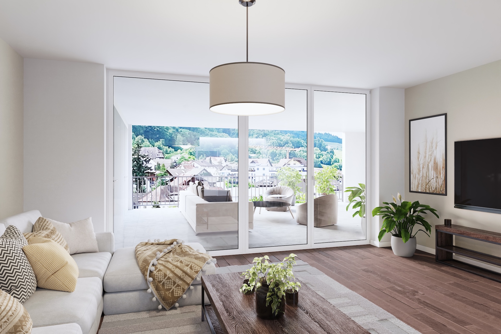 Helles Wohnzimmer mit Balkon und Fernblick