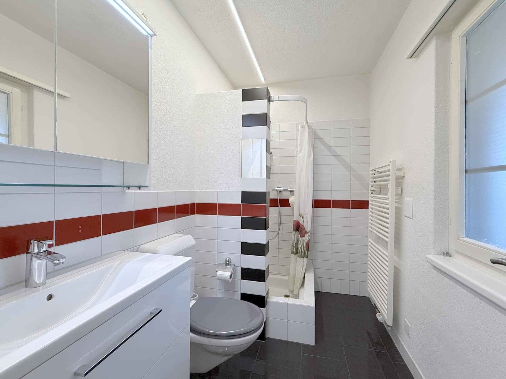 Modernes Bad mit Dusche und Waschtisch