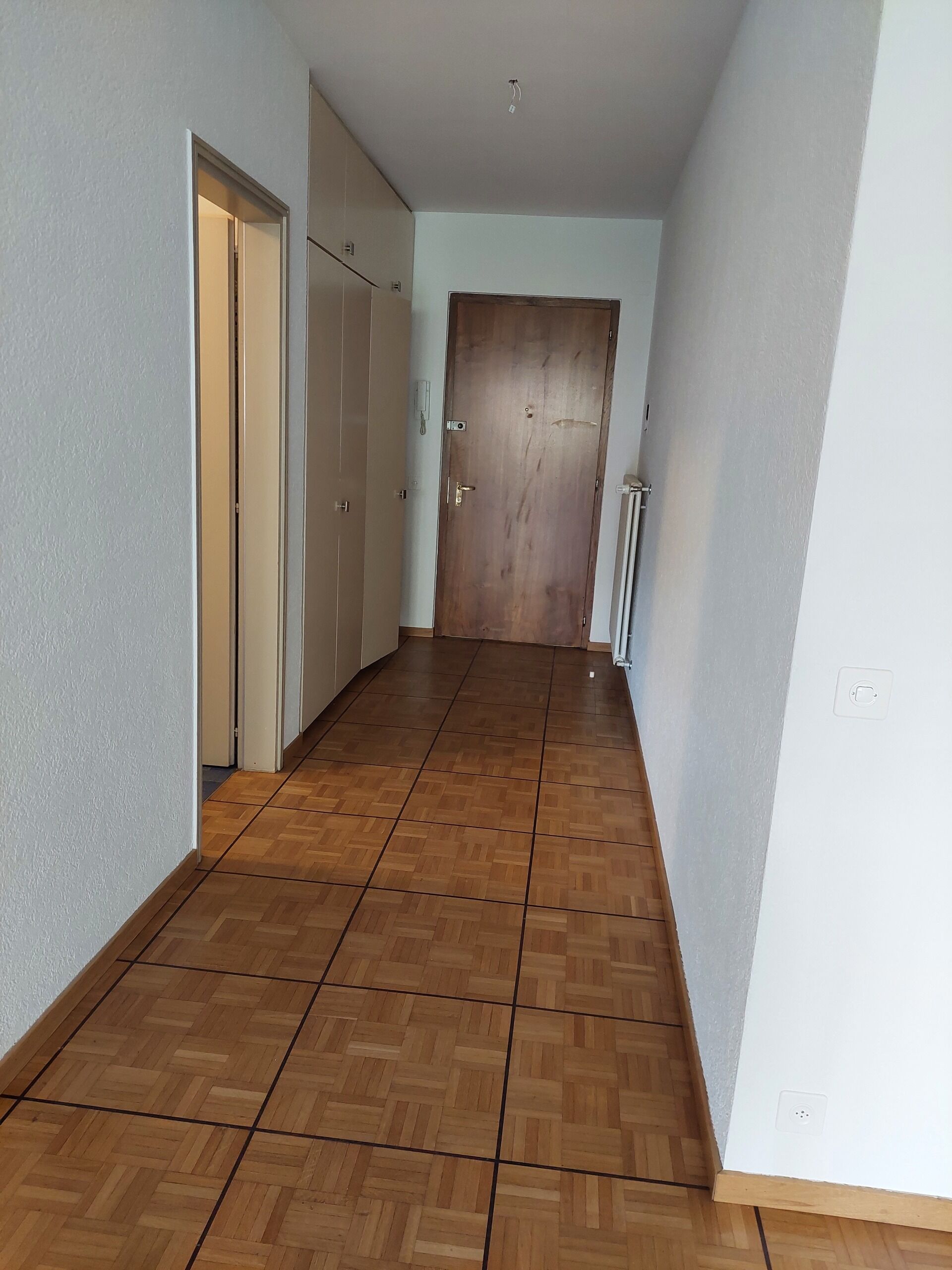 Schmaler Flur mit Holzboden und Eingangstür