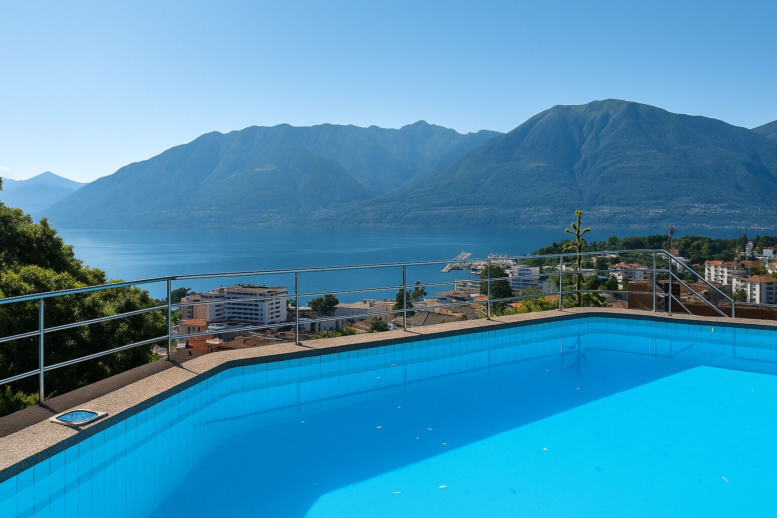 Pool mit Panoramablick auf See und Berge