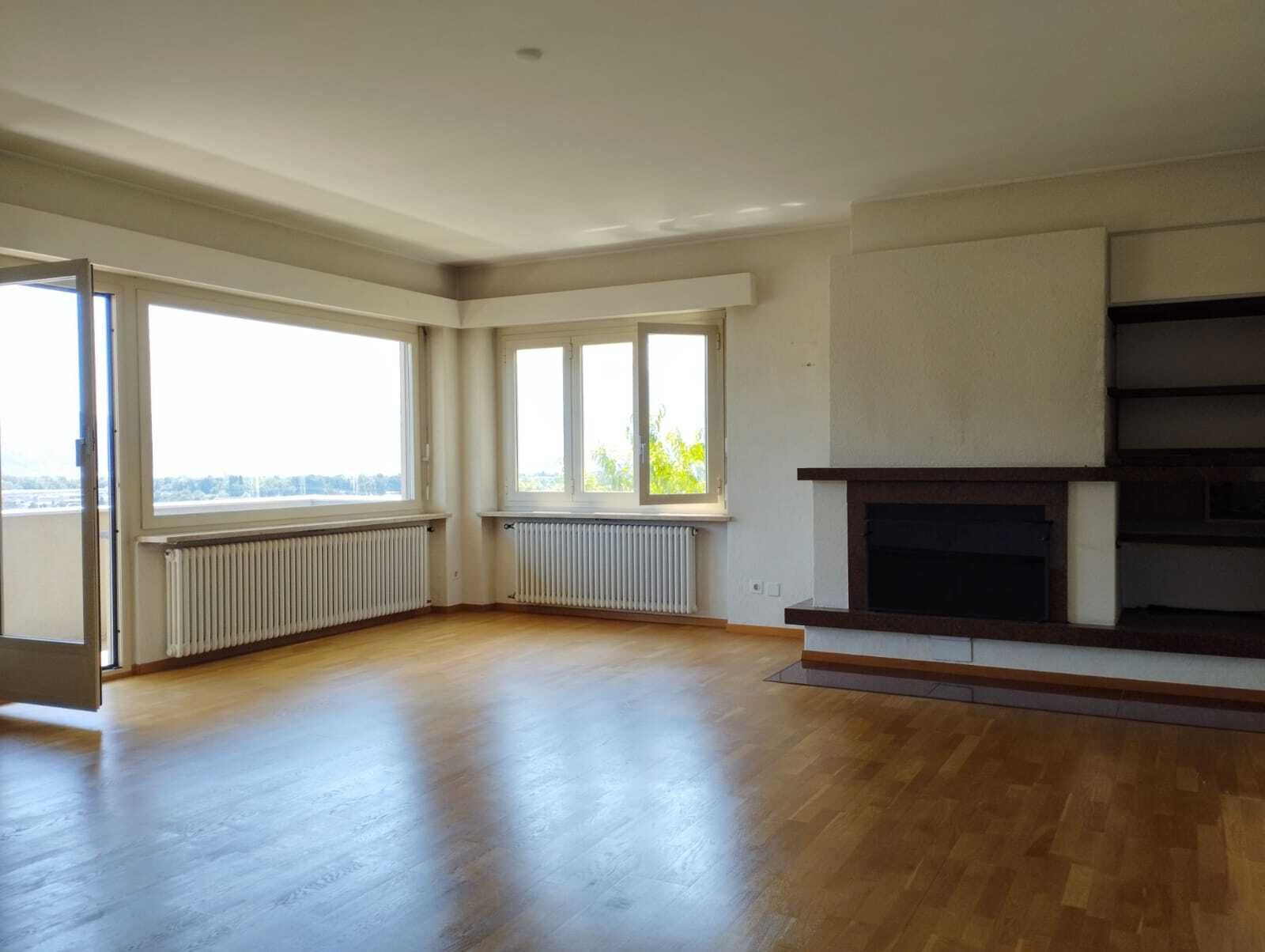 Heller Wohnraum mit Kamin und Fenstern