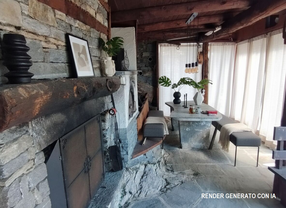 Rustikaler Wohn- und Essbereich mit Naturstein und Holz