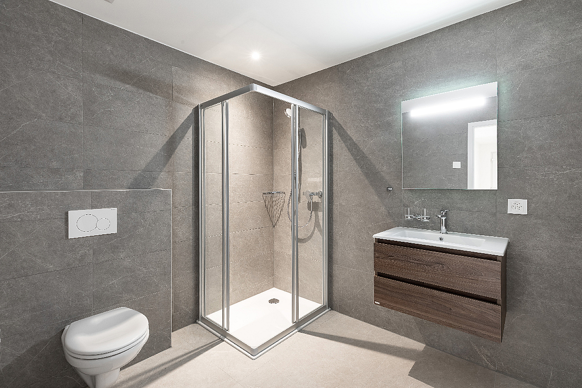 Modernes Badezimmer mit Dusche und Waschtisch