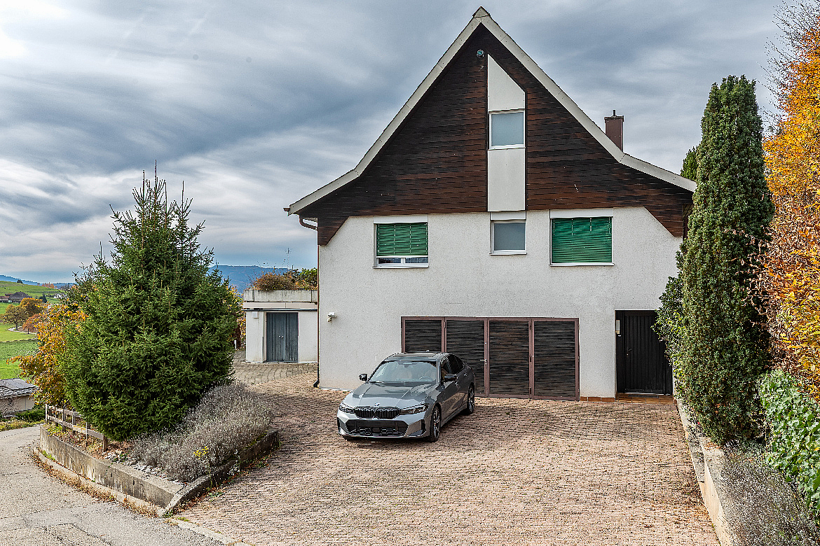 Wohnhaus mit steilem Satteldach und gepflasterter Zufahrt