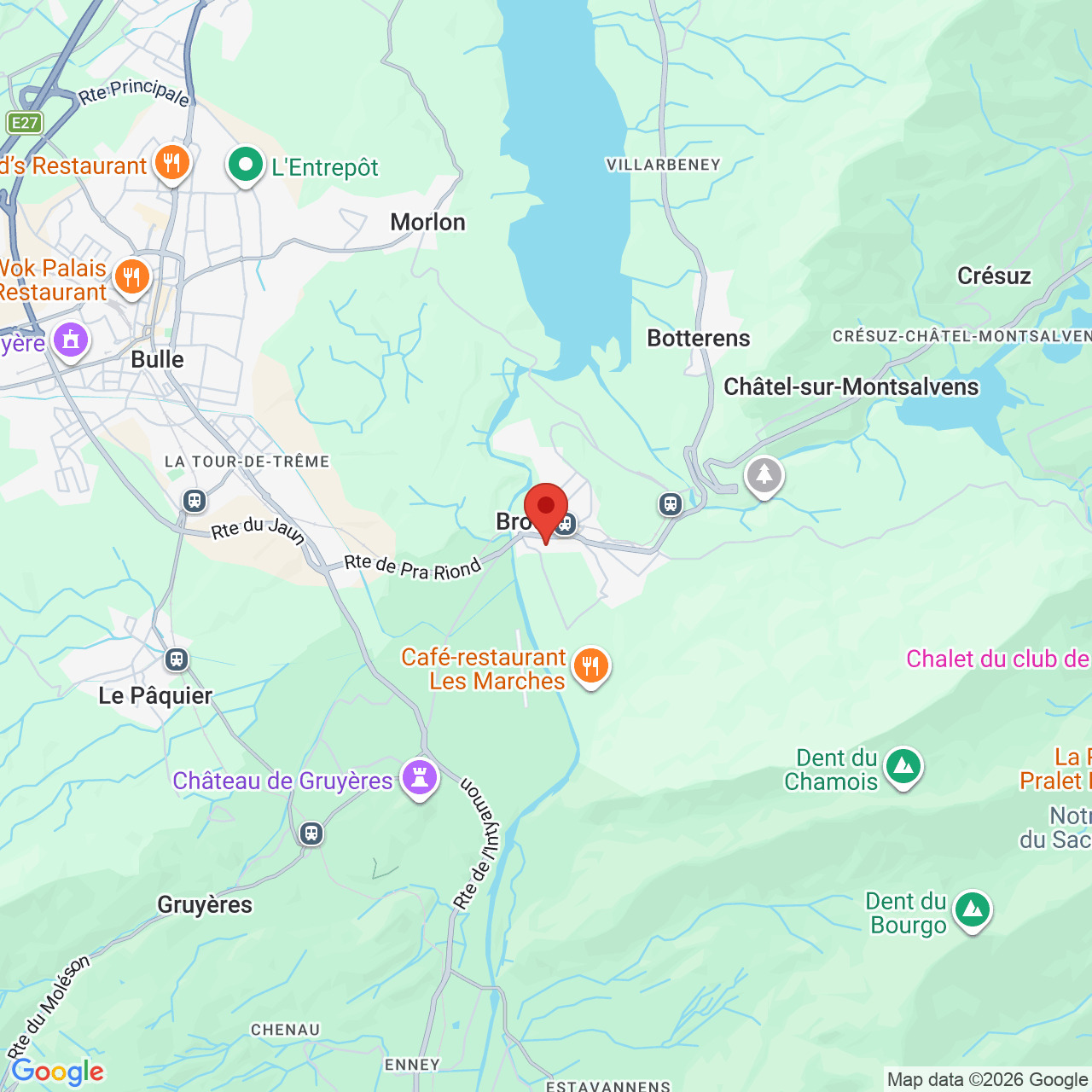 Kartenausschnitt mit Standortmarkierung in der Region Gruyères