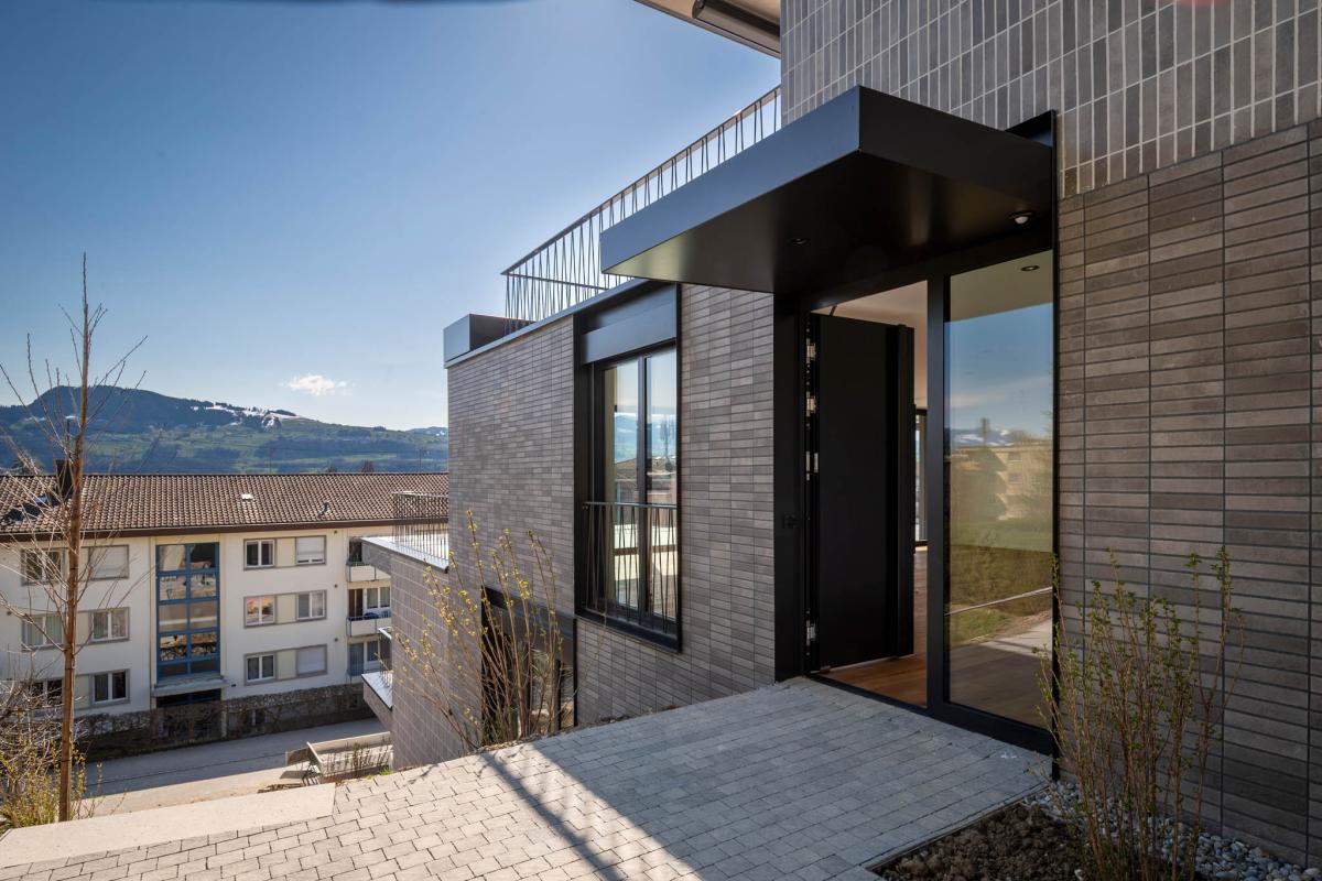 Moderne Außenansicht mit Eingang und Bergblick
