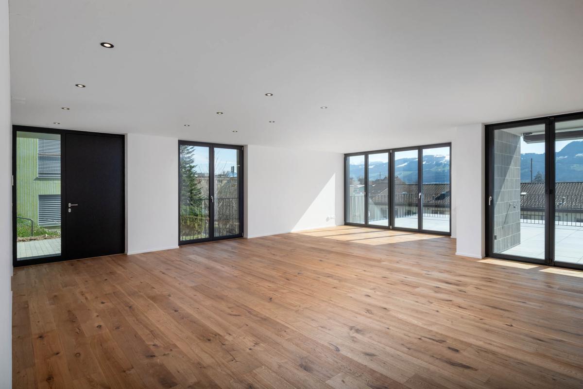 Heller leerer Wohnraum mit Bergblick