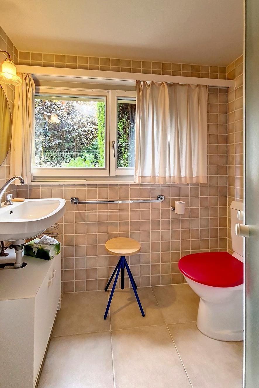 Badezimmer mit Fenster und farbiger WC-Sitzfläche