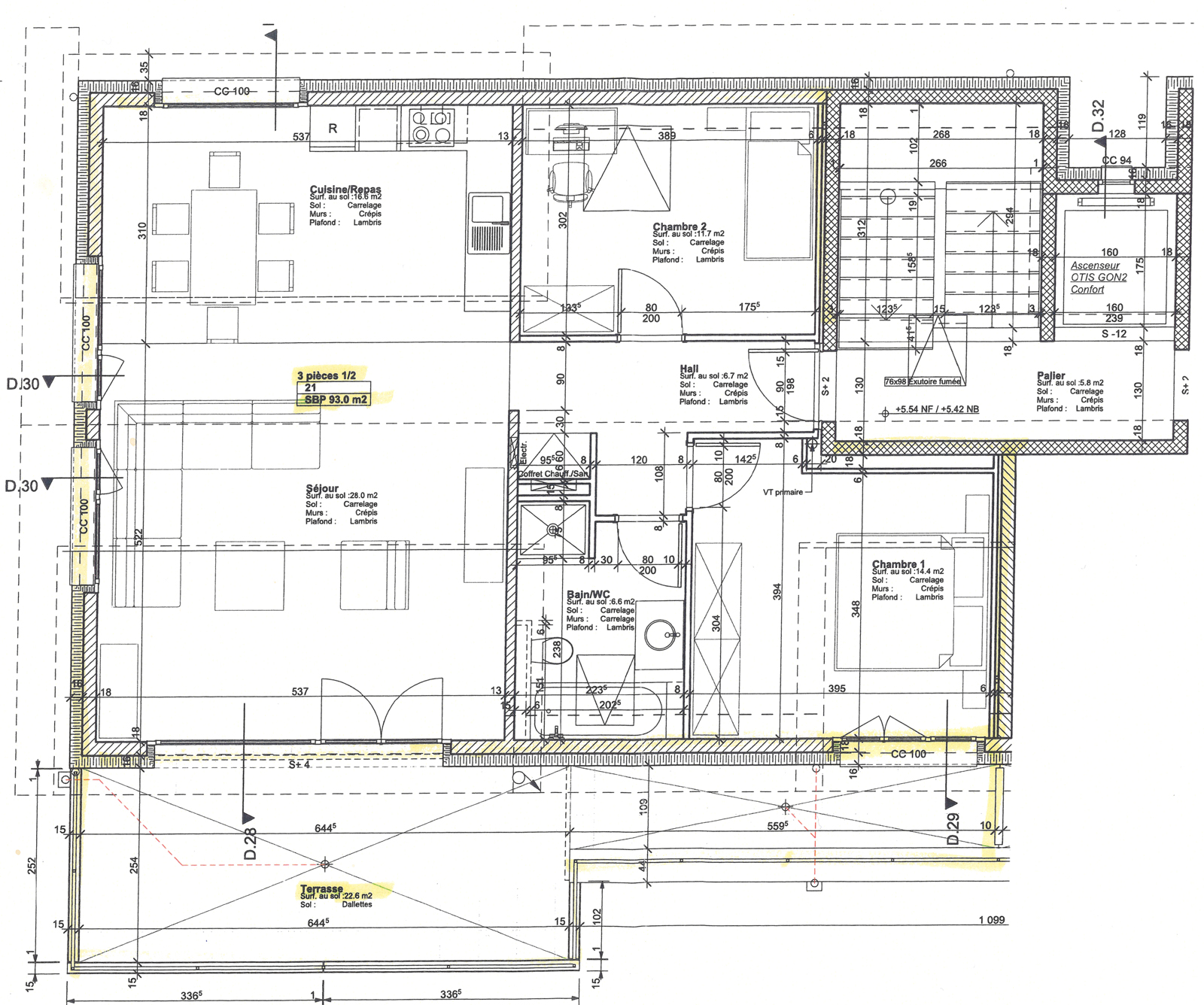 Grundriss einer 3,5-Zimmer-Wohnung mit Terrasse, Schlafzimmern, Bad und Treppe/Aufzug