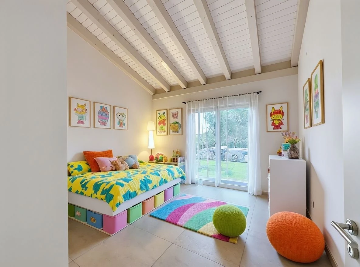 Bunt gestaltetes Kinderzimmer mit Terrassentür