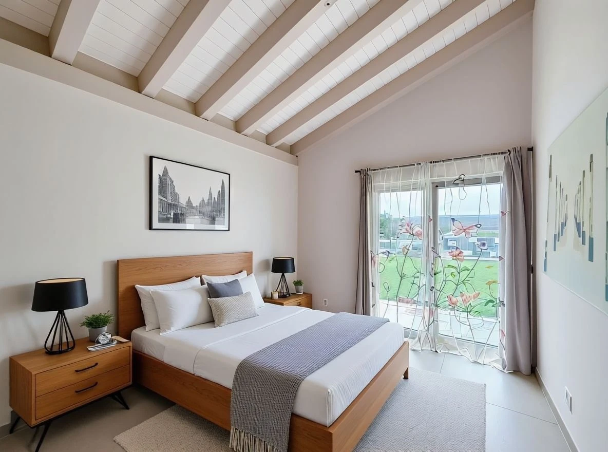 Helles Schlafzimmer mit Holzbett und Balkonblick