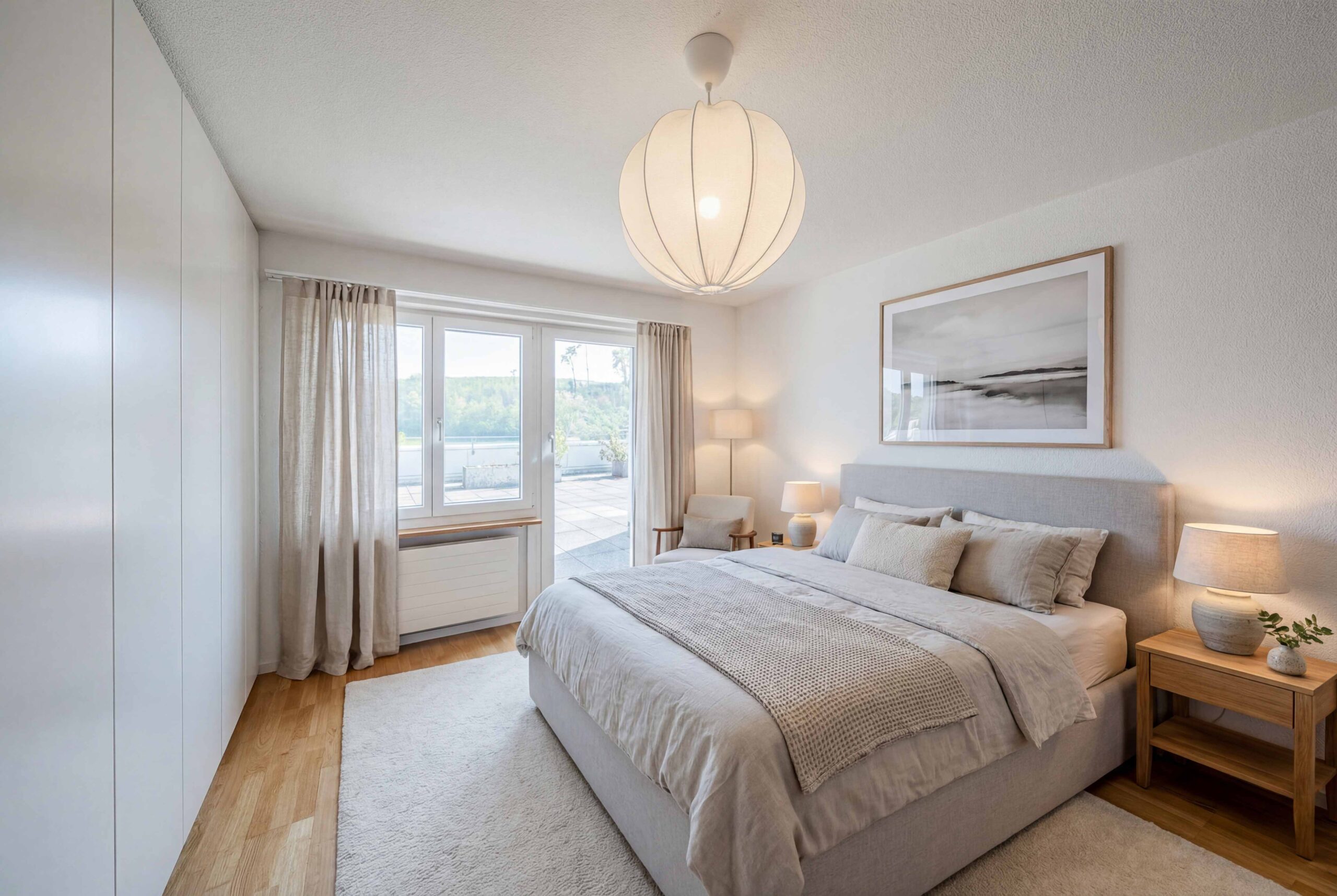 Helles, minimalistisches Schlafzimmer mit Balkonzugang