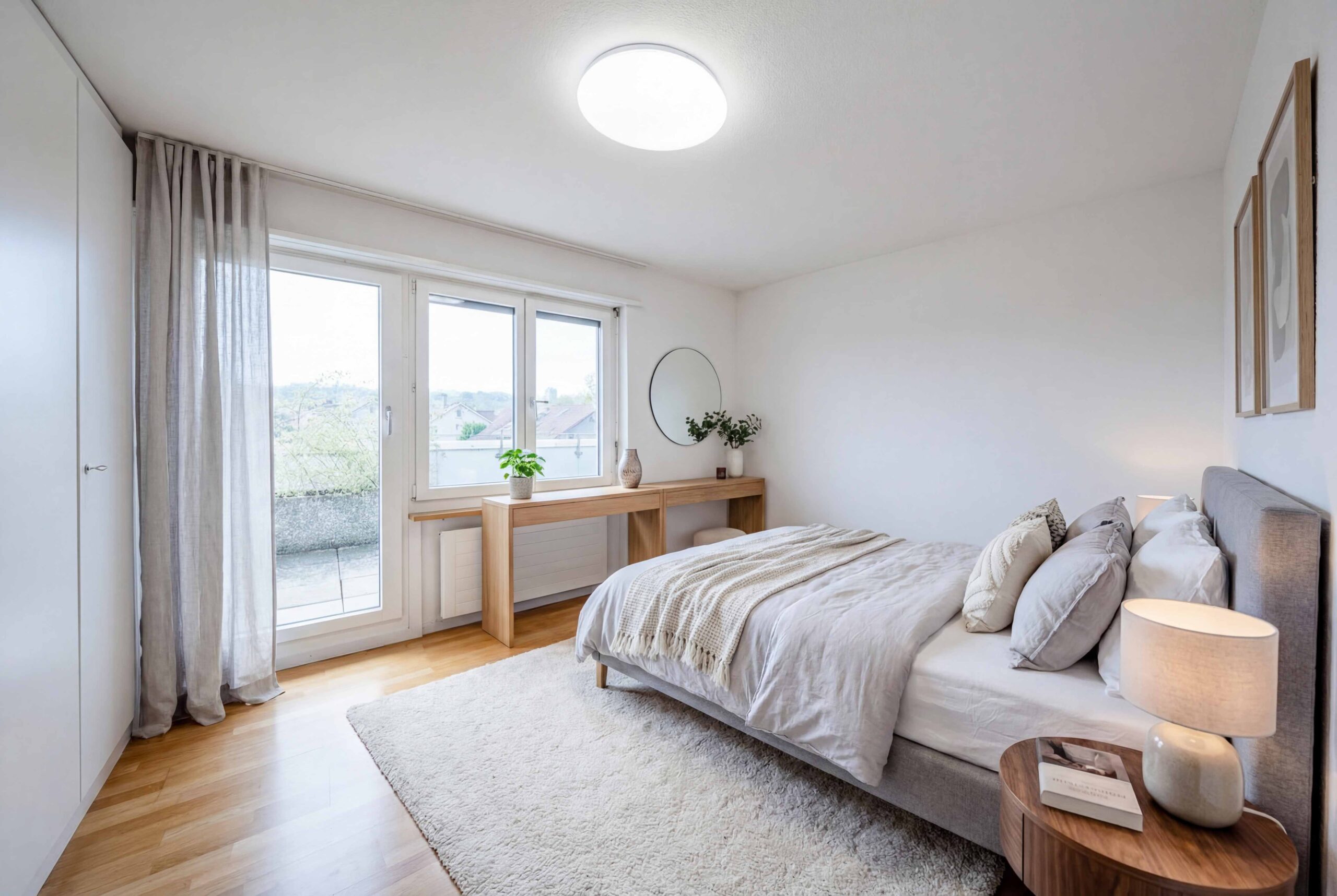 Helles, minimalistisches Schlafzimmer mit Balkonzugang