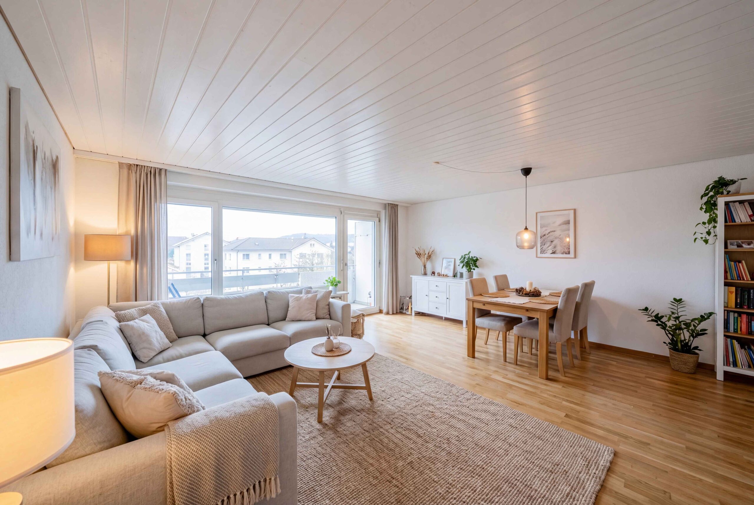 Helles Wohn-Esszimmer mit Balkonblick