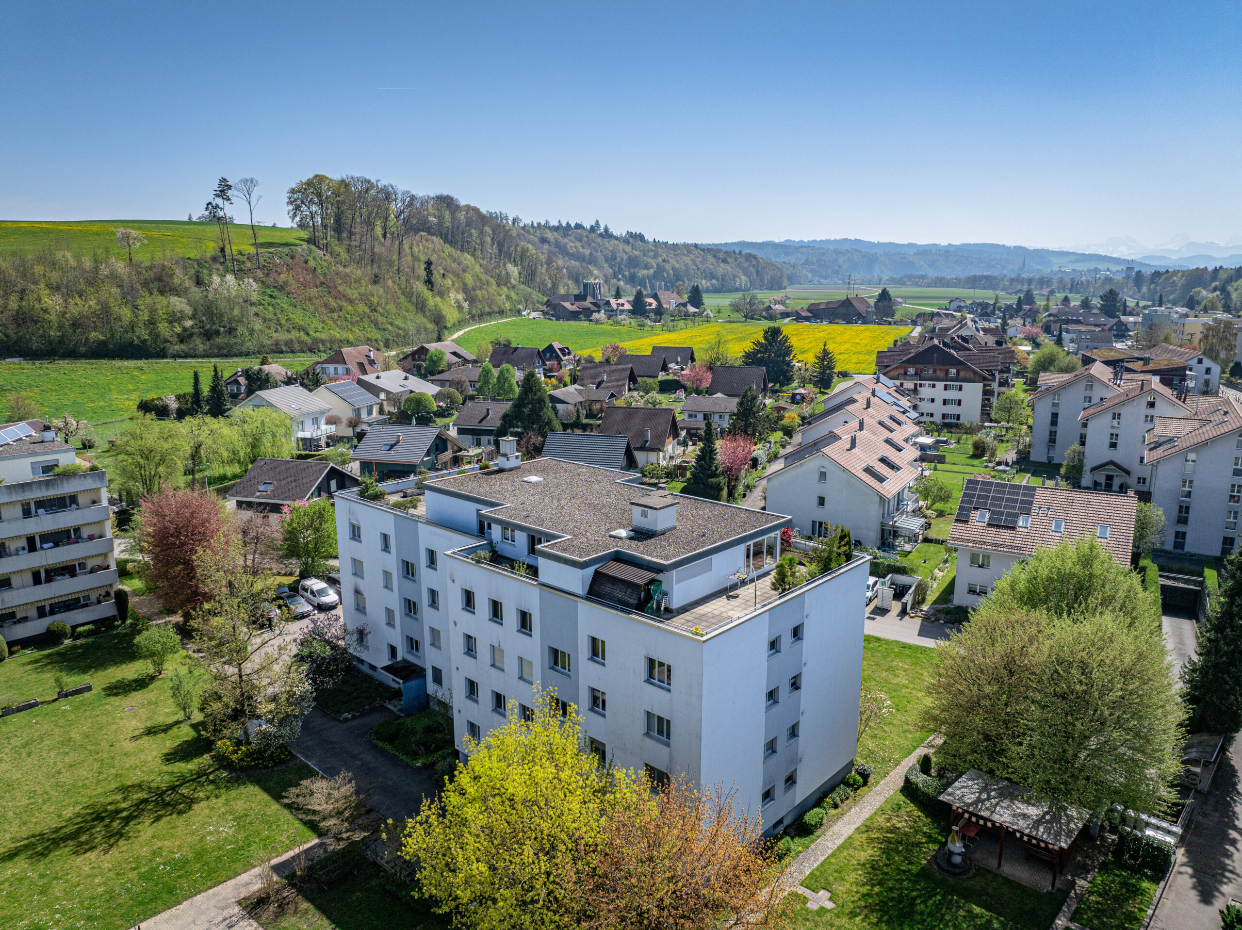 Luftaufnahme eines Wohnquartiers im Grünen