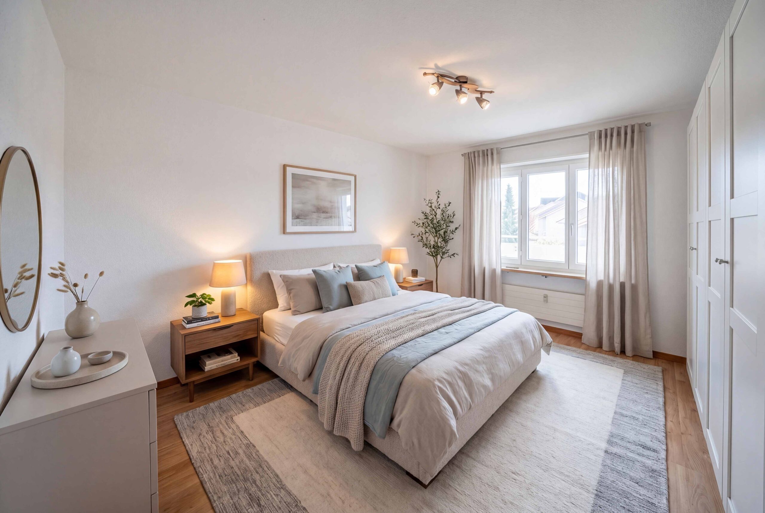Helles, minimalistisch eingerichtetes Schlafzimmer