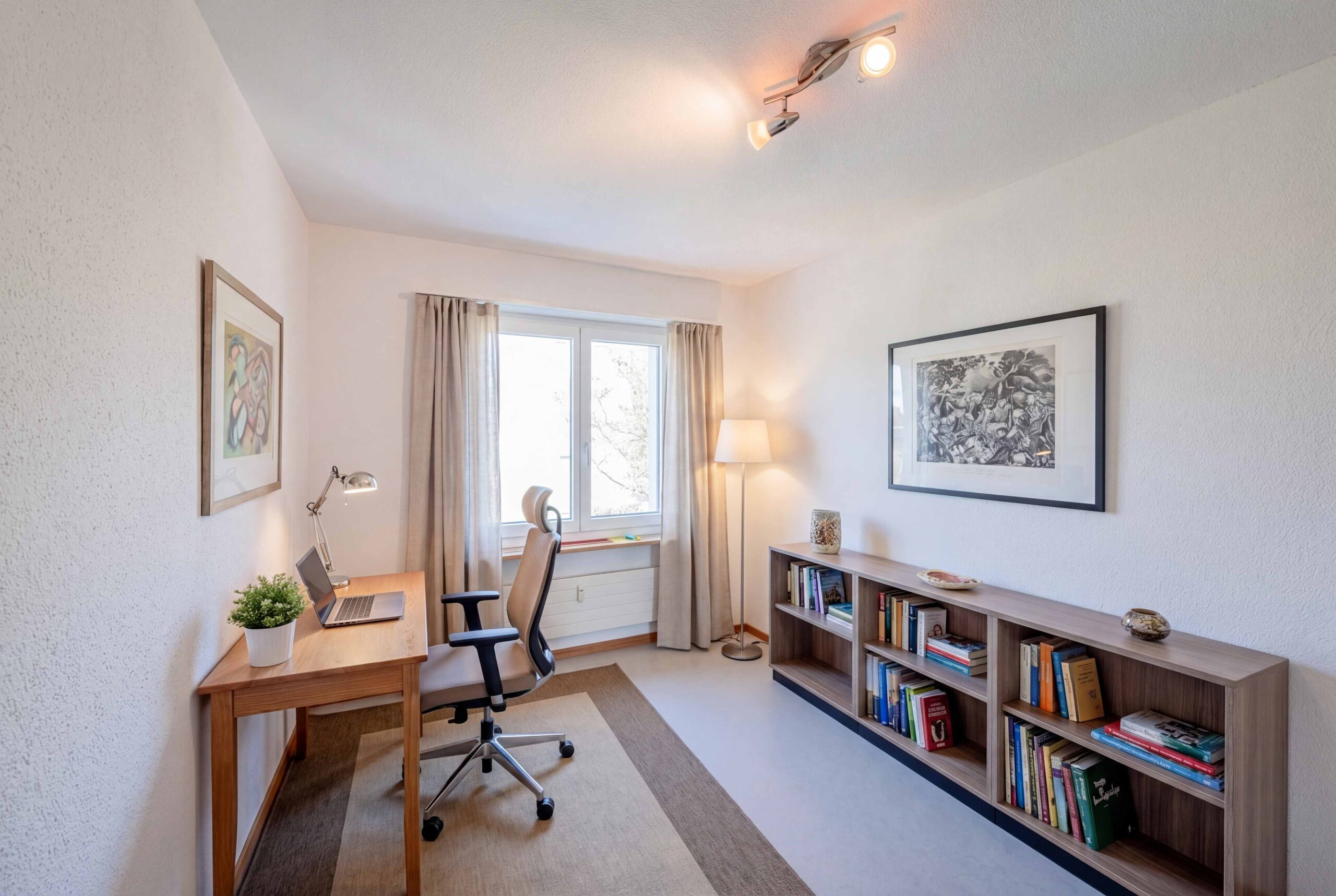 Helles Arbeitszimmer mit Schreibtisch und Bücherregal