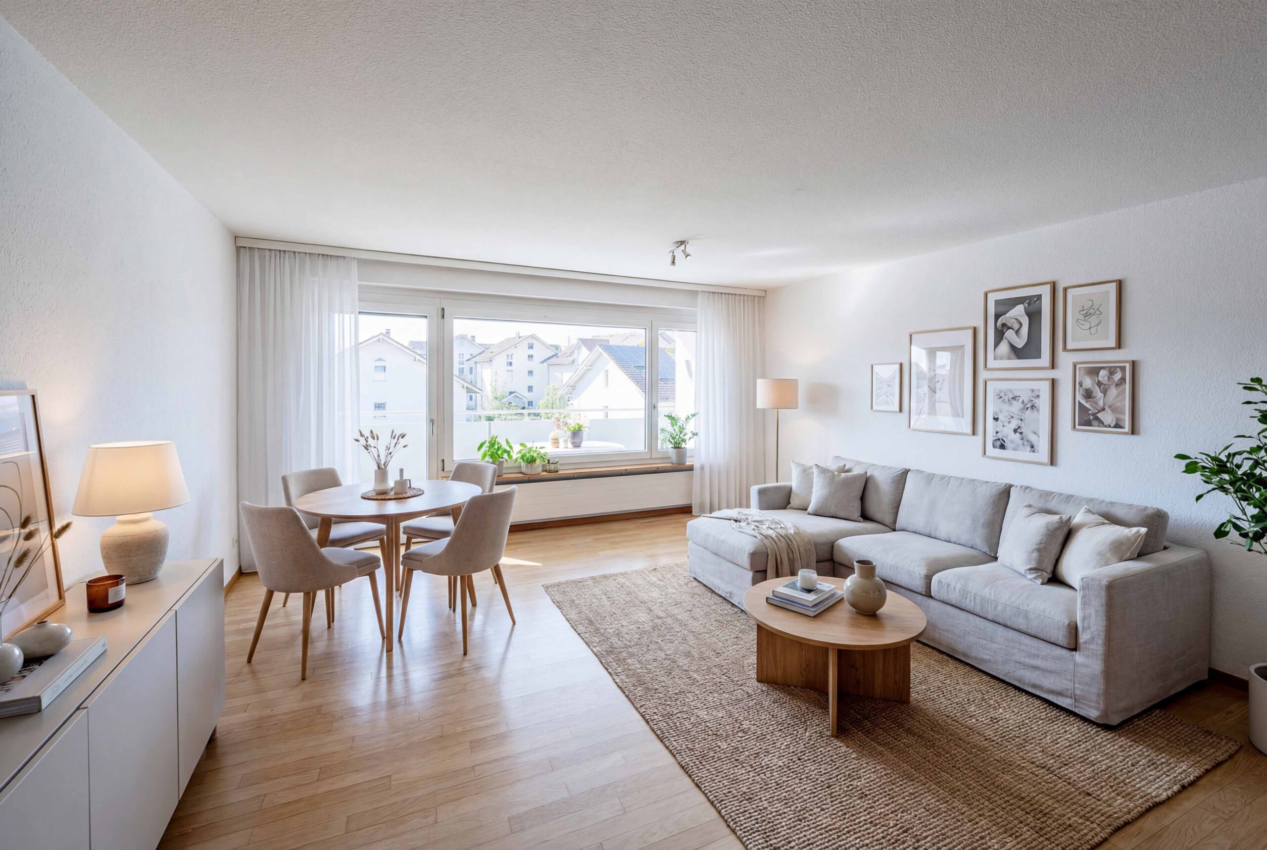 Helles, modern eingerichtetes Wohnzimmer mit Essbereich