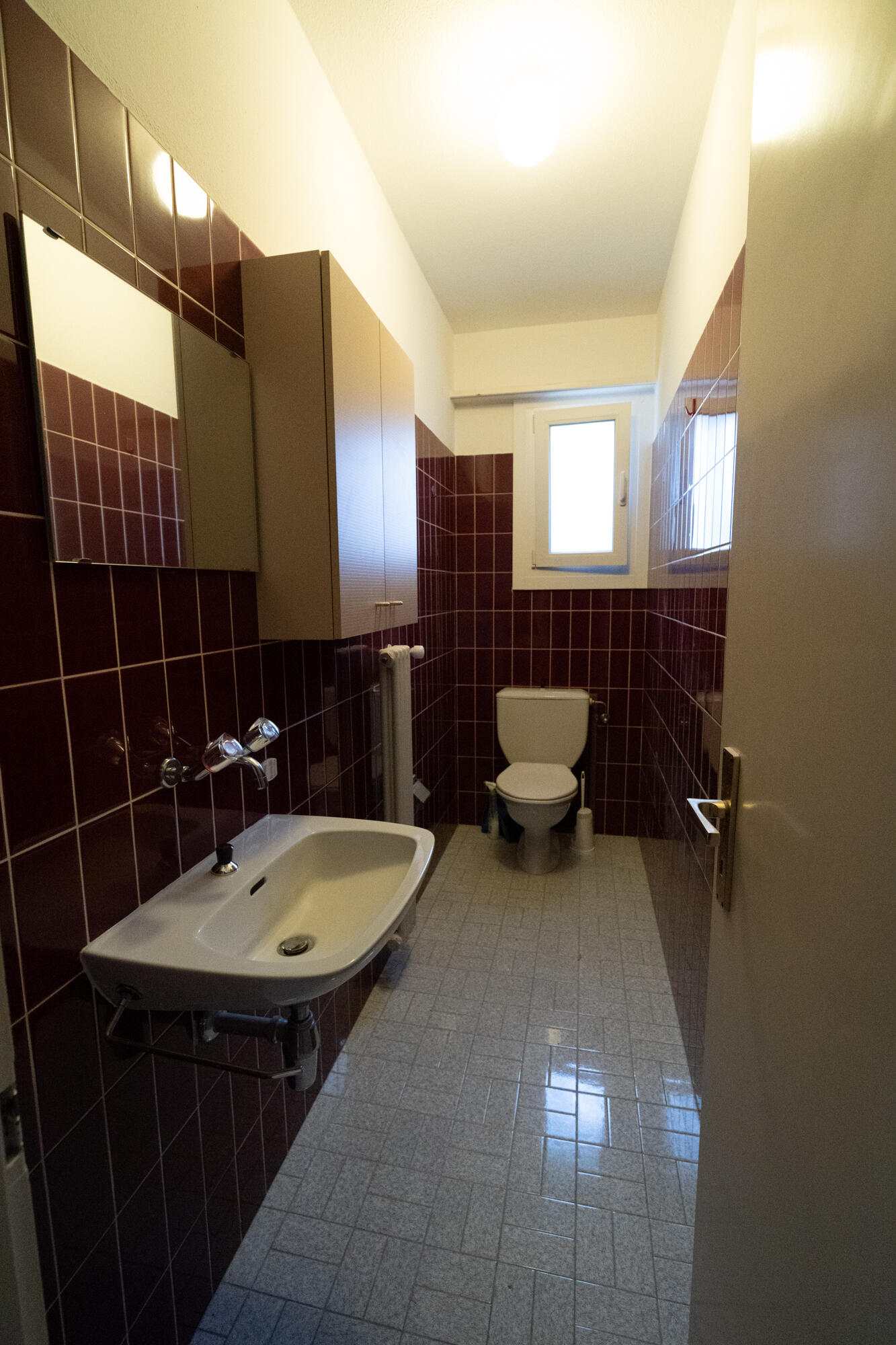 Kleines WC mit burgunderfarbenen Wandfliesen und Waschtisch
