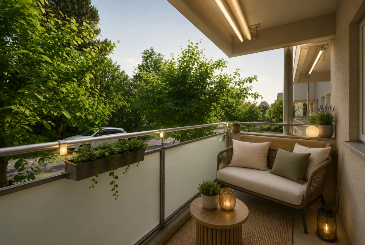 Gemütlicher Balkon mit Sitzgruppe und Grünblick
