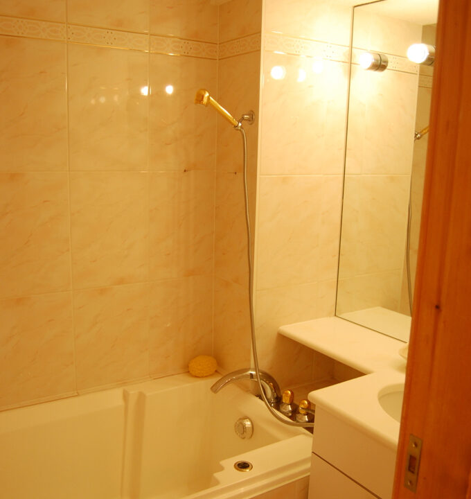 Badezimmer mit Badewanne und Duschbereich