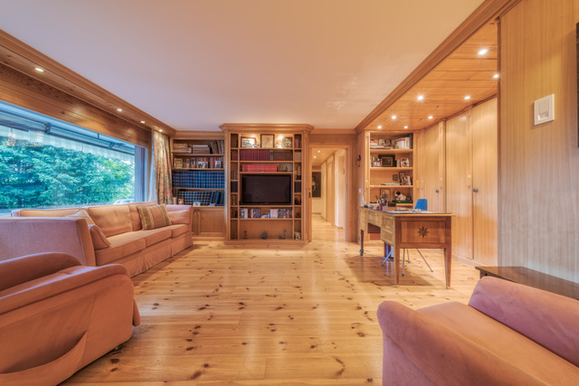 Helles Wohnzimmer mit Holzverkleidung