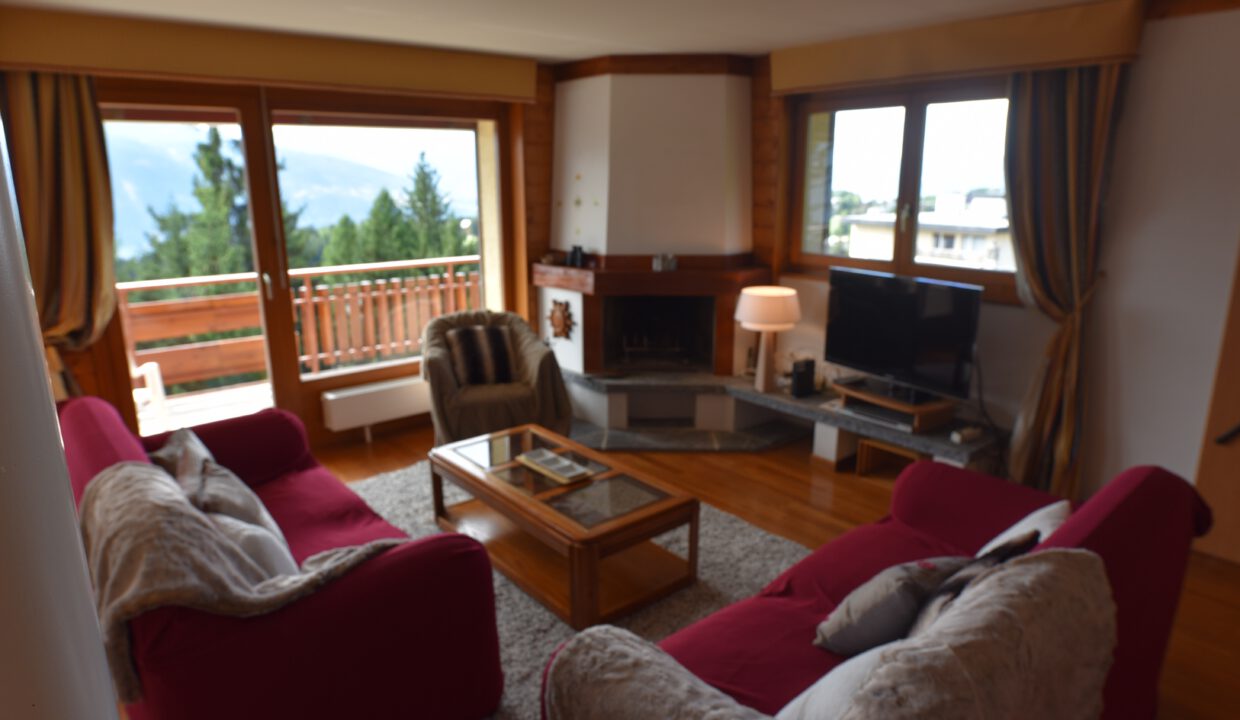 Gemütliches Wohnzimmer mit Kamin und Balkonblick