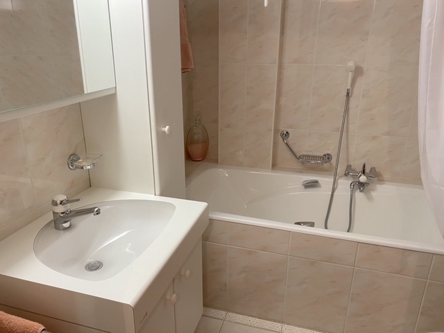 Badezimmer mit Wanne und Waschplatz