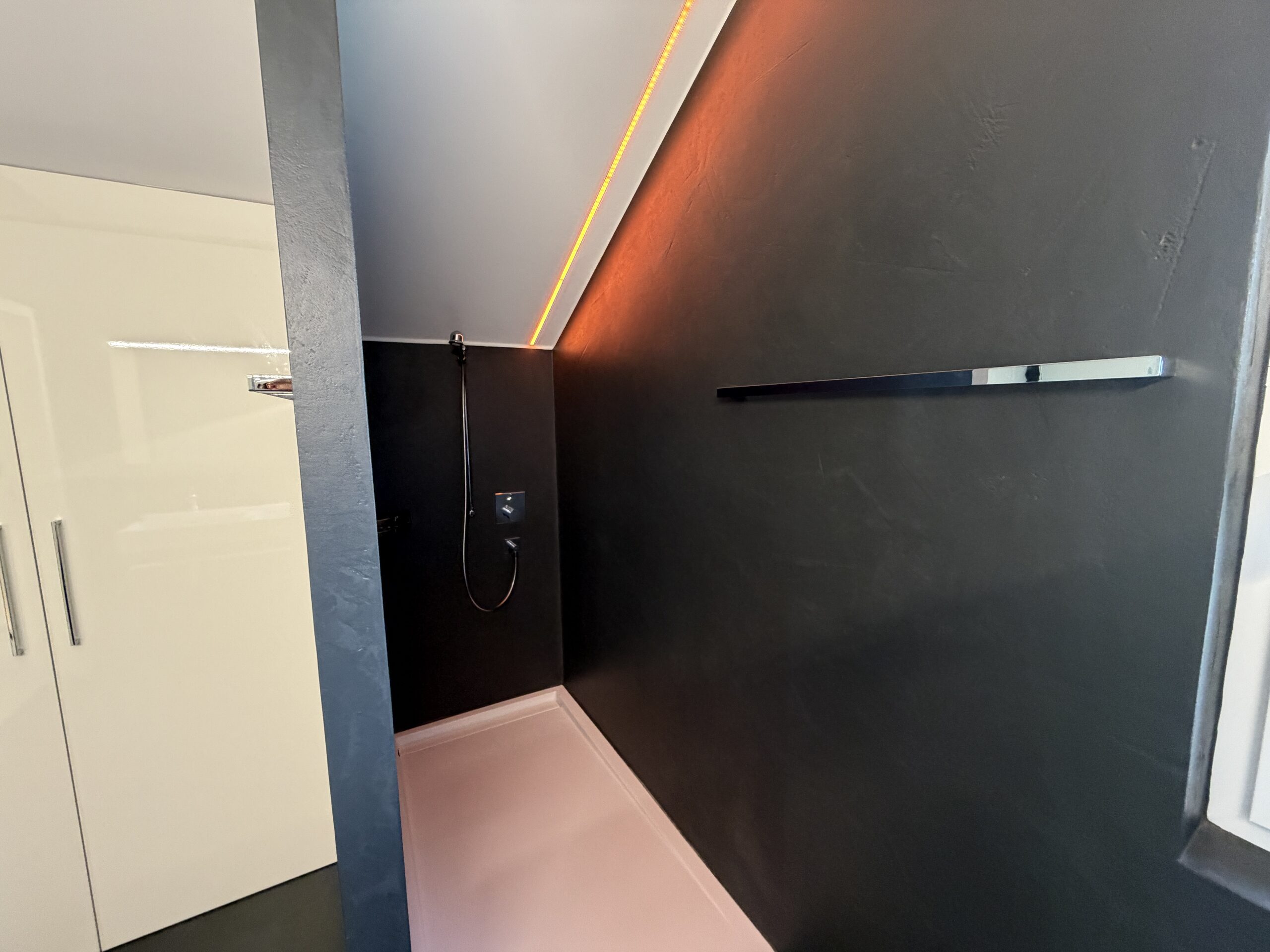 Modernes Bad mit dunkler Walk-in-Dusche