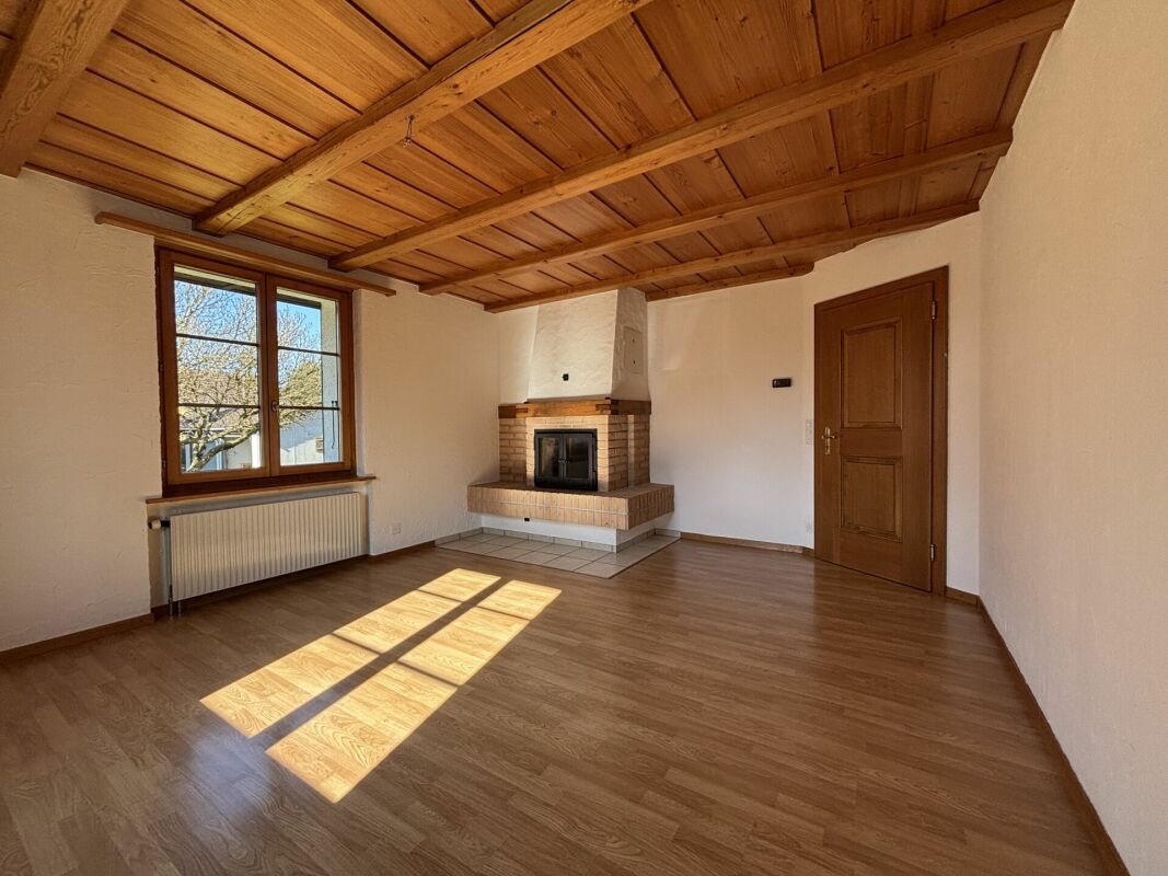 Wohnzimmer mit Kamin und Holzdecke