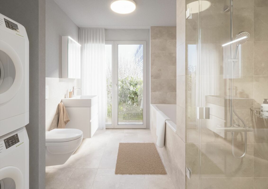 Helles, modernes Badezimmer mit Dusche und Waschmaschine