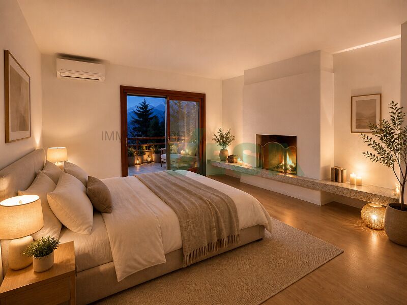 Gemütliches Schlafzimmer mit Terrasse und Kamin
