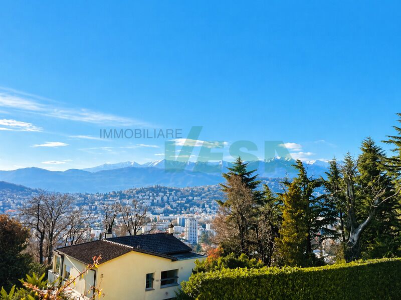 Panoramablick über die Stadt mit Bergen im Hintergrund