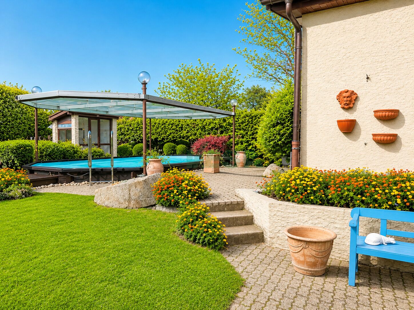 Gepflegter Garten mit Pool und Terrasse