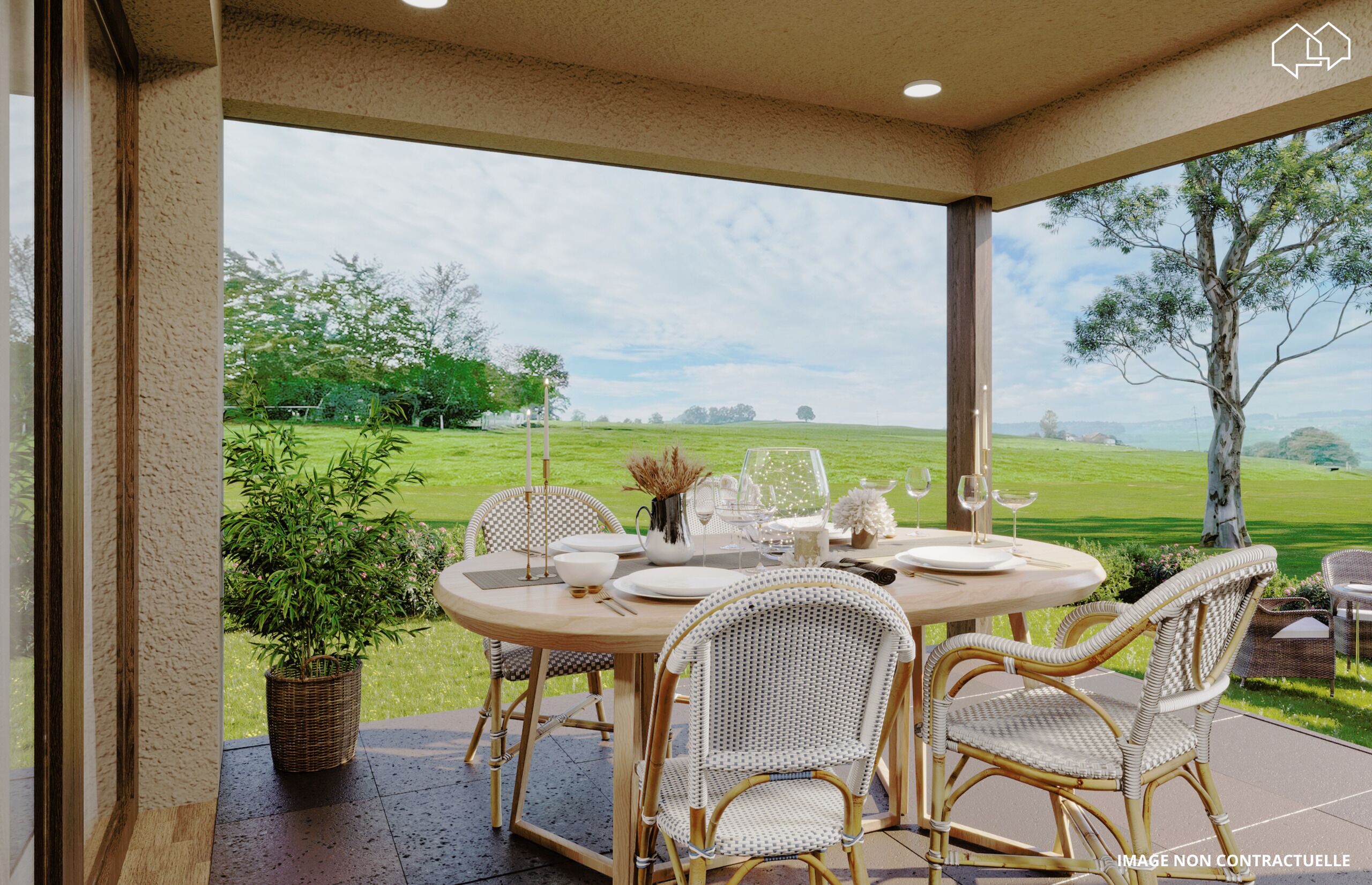 Überdachte Terrasse mit Esstisch und Gartenblick