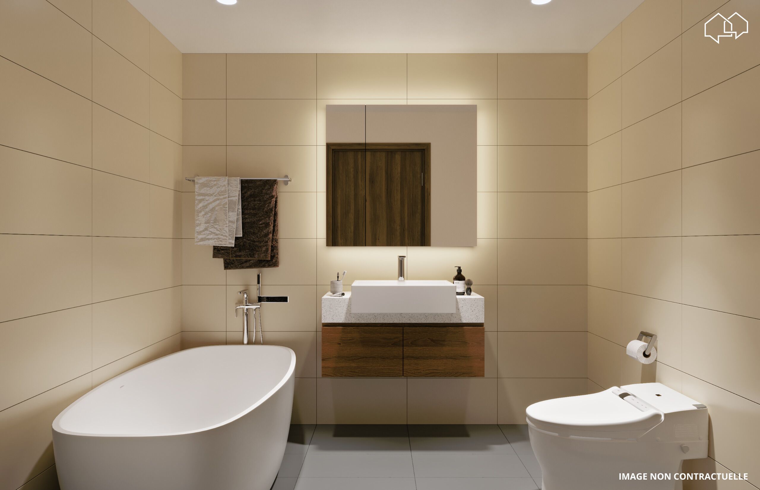 Modernes Badezimmer mit freistehender Wanne und wandhängendem WC