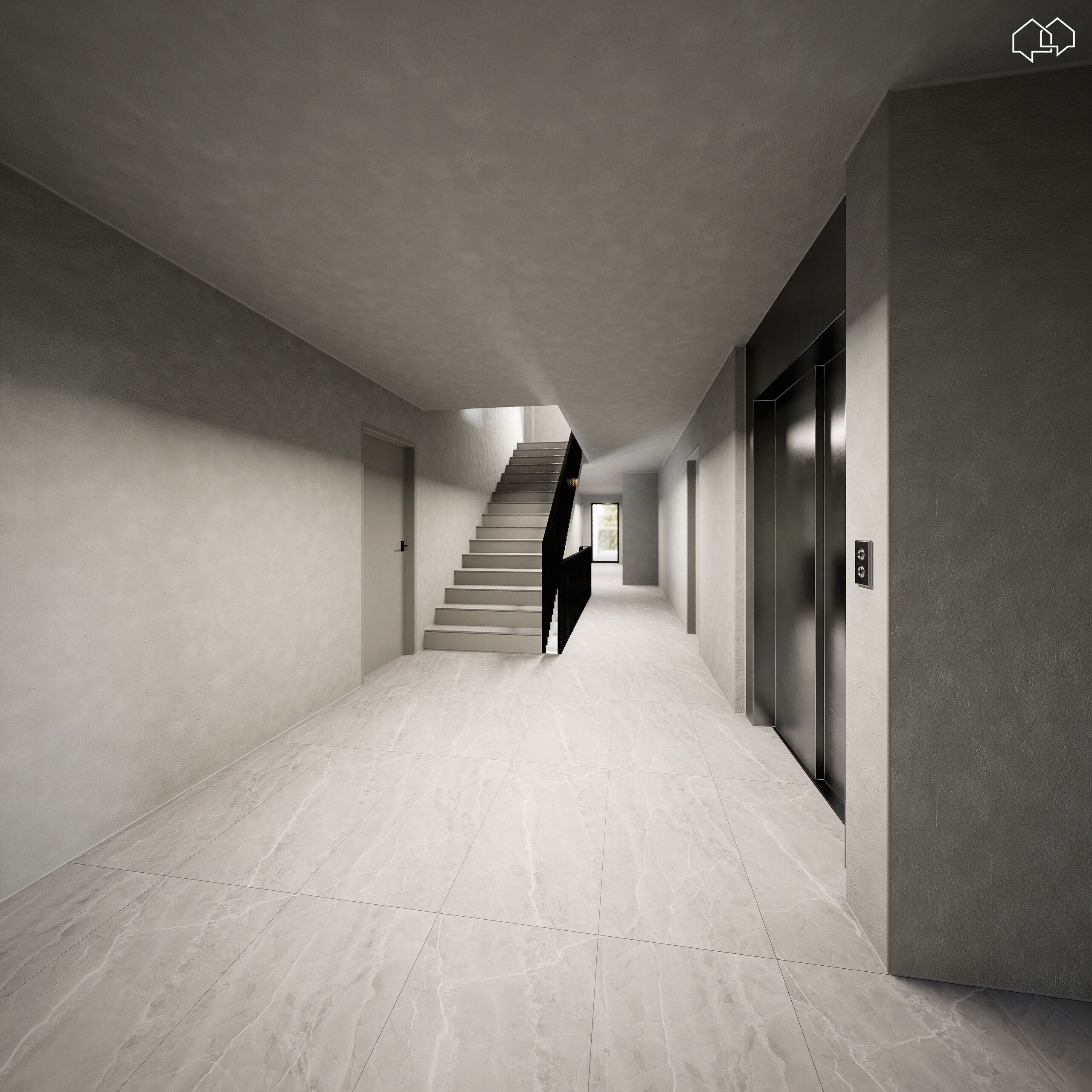 Moderner Flur mit Treppe und Aufzug