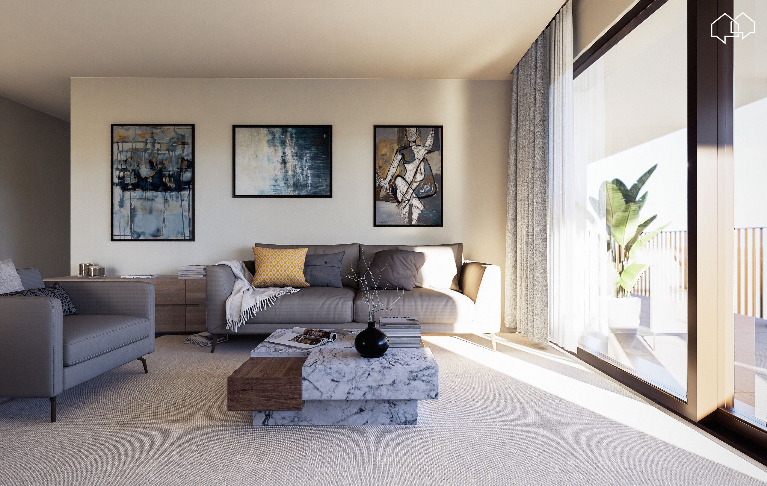 Helles modernes Wohnzimmer mit Panoramafenster